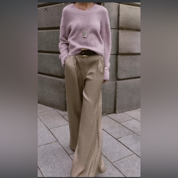 Zara Pants - BELTED SATIN WIDE LEG PANTS